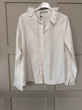Art Long Sleeve Blouse with Broderie Anglaise Collar and Tie Detail - Off White