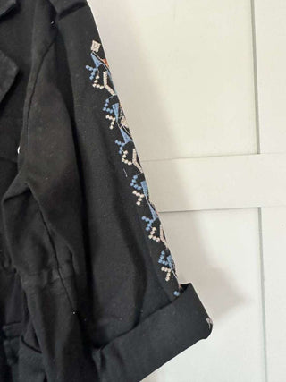 Dolla-Raye Longline Cotton Jacket with Embroidered Sleeves, Pockets &amp; Waist-Cinching Drawstring - Black and Khaki