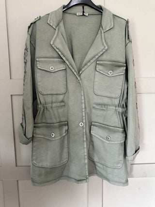 Dolla-Raye Longline Cotton Jacket with Embroidered Sleeves, Pockets &amp; Waist-Cinching Drawstring - Black and Khaki