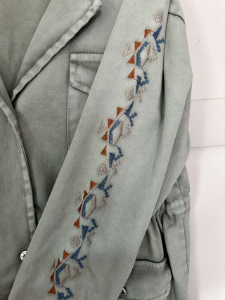 Dolla-Raye Longline Cotton Jacket with Embroidered Sleeves, Pockets &amp; Waist-Cinching Drawstring - Black and Khaki