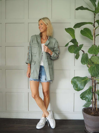 Dolla-Raye Longline Cotton Jacket with Embroidered Sleeves, Pockets &amp; Waist-Cinching Drawstring - Black and Khaki