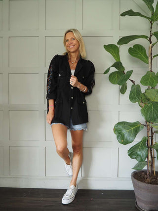 Dolla-Raye Longline Cotton Jacket with Embroidered Sleeves, Pockets &amp; Waist-Cinching Drawstring - Black and Khaki