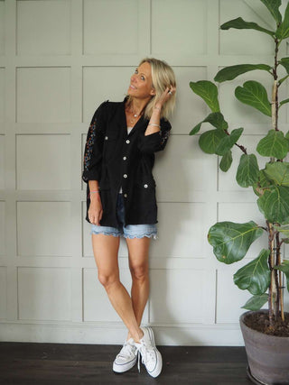 Dolla-Raye Longline Cotton Jacket with Embroidered Sleeves, Pockets &amp; Waist-Cinching Drawstring - Black and Khaki