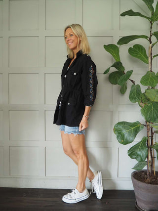 Dolla-Raye Longline Cotton Jacket with Embroidered Sleeves, Pockets &amp; Waist-Cinching Drawstring - Black and Khaki