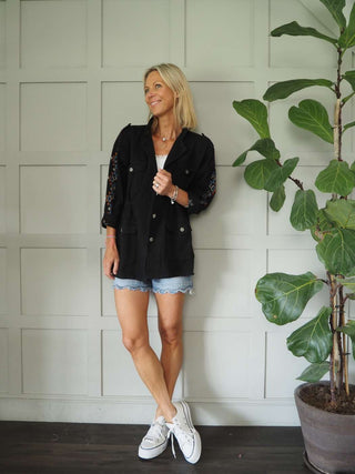 Dolla-Raye Longline Cotton Jacket with Embroidered Sleeves, Pockets &amp; Waist-Cinching Drawstring - Black and Khaki