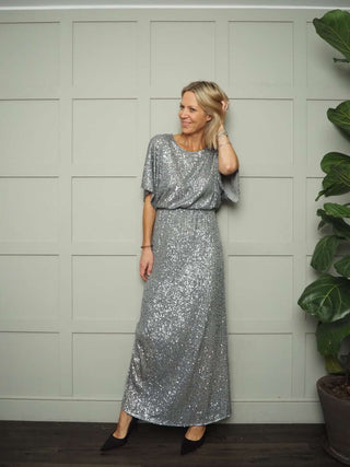 Anika Sequin Maxi Dress - Lined, Short Sleeved with Round Neck - Red, Silver