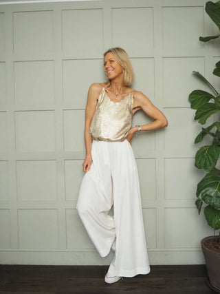 Rosie Wide Leg, Lightweight Trousers with Pleated Front &amp; Side Pockets - Black, Blue/Grey, Off White and Stone