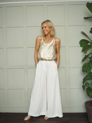 Rosie Wide Leg, Lightweight Trousers with Pleated Front &amp; Side Pockets - Black, Blue/Grey, Off White and Stone