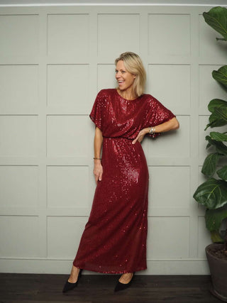 Anika Sequin Maxi Dress - Lined, Short Sleeved with Round Neck - Red, Silver