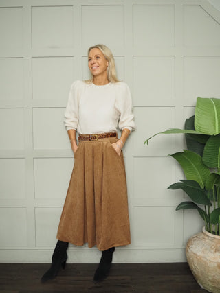 Perry Midi Corduroy Skirt with Flat Front and Side Pockets - Black, Camel, Chocolate, Green, Navy Blue, Oatmeal
