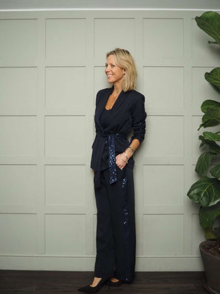 Kendall Sequin Detail Blazer &amp; Trouser Set - Black and Navy Blue