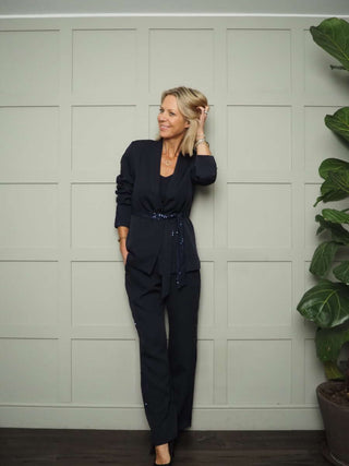 Kendall Sequin Detail Blazer &amp; Trouser Set - Black and Navy Blue