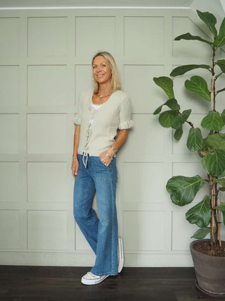 Amy Short Sleeve Cardigan with Tie Front, Frill Detail - 5 Colours