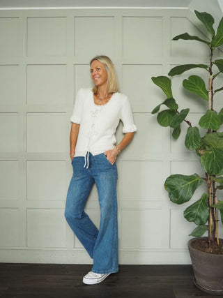 Amy Short Sleeve Cardigan with Tie Front, Frill Detail - 5 Colours