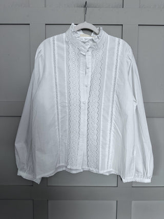 Weybourne Blouse with Broderie Anglaise Detail and Ruffle Collar - White