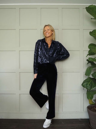 Maelle Long Sleeve Sequin Blouse by Frnch - Navy Blue