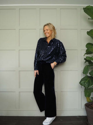 Maelle Long Sleeve Sequin Blouse by Frnch - Navy Blue