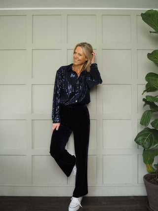 Maelle Long Sleeve Sequin Blouse by Frnch - Navy Blue