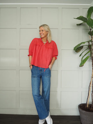 Merllita Relaxed Fit Blouse with Broderie Anglaise Detail by mbyM - Ecru, Tomato Red