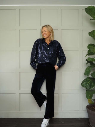 Maelle Long Sleeve Sequin Blouse by Frnch - Navy Blue