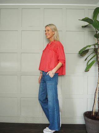 Merllita Relaxed Fit Blouse with Broderie Anglaise Detail by mbyM - Ecru, Tomato Red