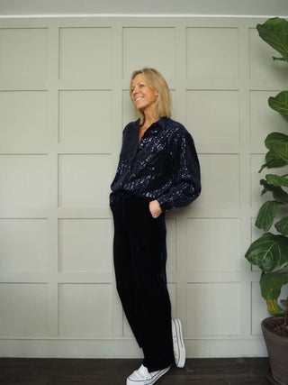 Terry Velvet Trousers by Frnch - Navy Blue