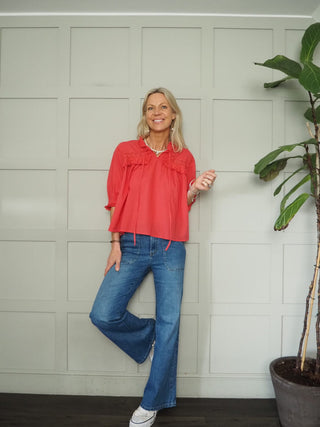 Merllita Relaxed Fit Blouse with Broderie Anglaise Detail by mbyM - Ecru, Tomato Red