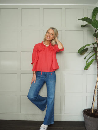 Merllita Relaxed Fit Blouse with Broderie Anglaise Detail by mbyM - Ecru, Tomato Red