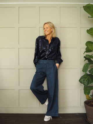 Maelle Long Sleeve Sequin Blouse by Frnch - Navy Blue