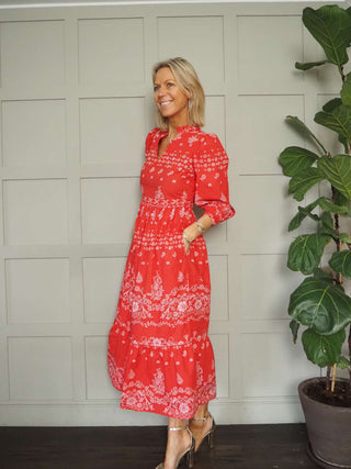 Florence Linen Floral Dress - Green, Red