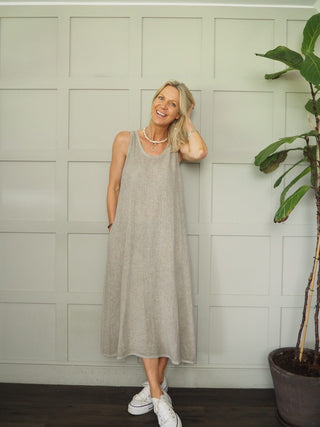 Dylan Linen Mix Dress - Coral, Cornflower Blue, Stone