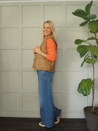 Banel Faux Sheepskin Gilet with Soft Lining and Toggle Fastening By Frnch - Camel