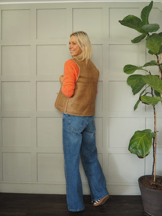 Banel Faux Sheepskin Gilet with Soft Lining and Toggle Fastening By Frnch - Camel