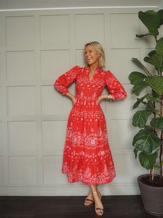 Florence Linen Floral Dress - Green, Red