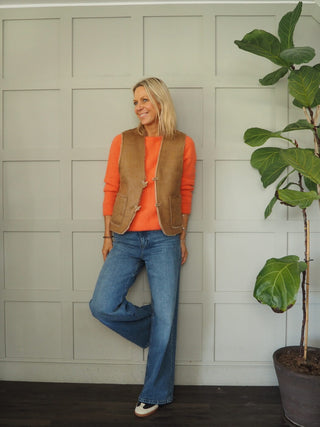 Banel Faux Sheepskin Gilet with Soft Lining and Toggle Fastening By Frnch - Camel