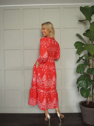 Florence Linen Floral Dress - Green, Red