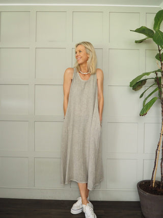 Dylan Linen Mix Dress - Coral, Cornflower Blue, Stone