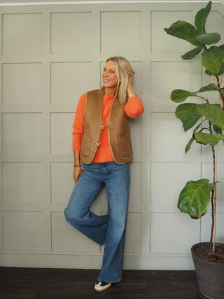 Banel Faux Sheepskin Gilet with Soft Lining and Toggle Fastening By Frnch - Camel