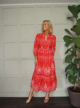 Florence Linen Floral Dress - Green, Red