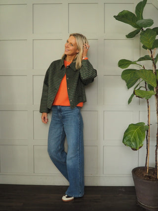 Eda Checked Cropped Jacket By Frnch - Camel/Green