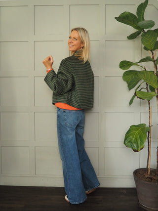 Eda Checked Cropped Jacket By Frnch - Camel/Green