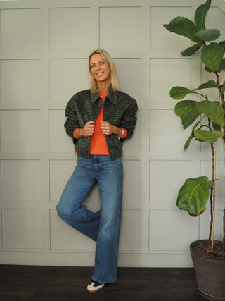 Eda Checked Cropped Jacket By Frnch - Camel/Green