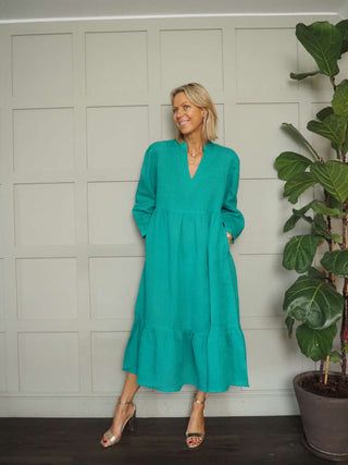 Florence Linen Floral Dress - Green, Red