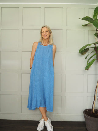 Dylan Linen Mix Dress - Coral, Cornflower Blue, Stone