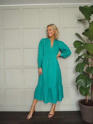 Florence Linen Floral Dress - Green, Red