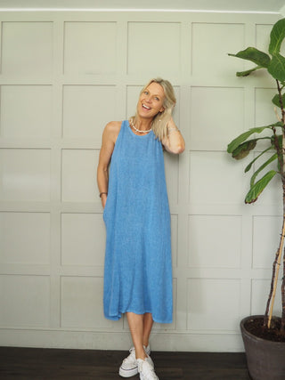 Dylan Linen Mix Dress - Coral, Cornflower Blue, Stone