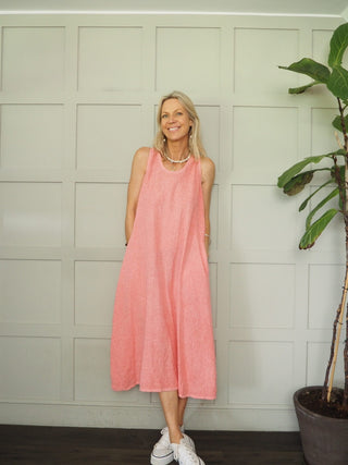 Dylan Linen Mix Dress - Coral, Cornflower Blue, Stone