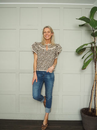 Kirby Blouse with Short Sleeves by Saint Tropez - Camel Leopard Print