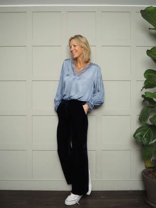 Neava Long Sleeve Lace Trimmed, Satin Feel Top - 11 Colours