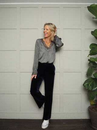 Neava Long Sleeve Lace Trimmed, Satin Feel Top - 11 Colours